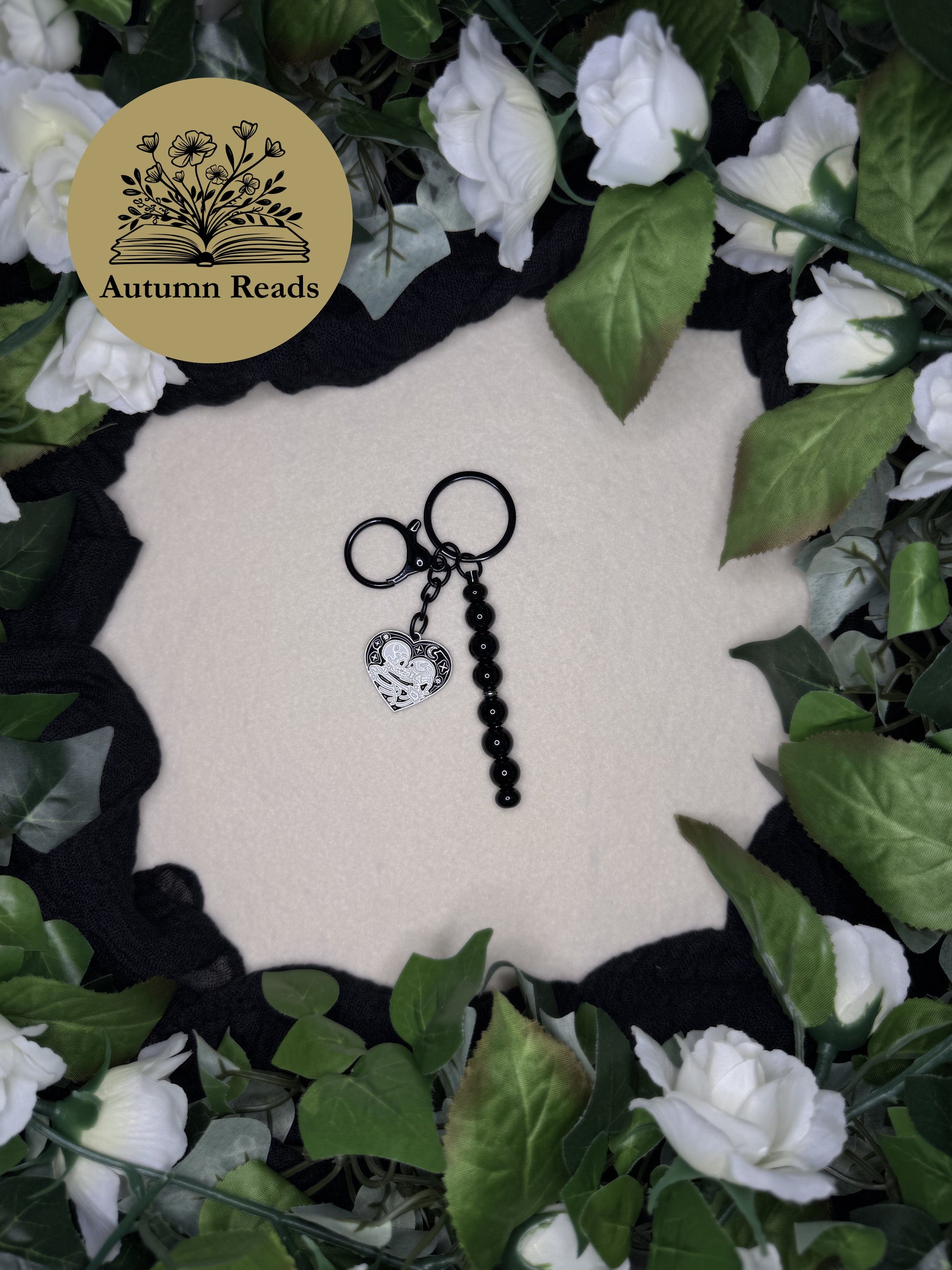 Dark Romance handmade beaded bar keychain with black glass beads and silver heart charm by Autumn Reads LLC