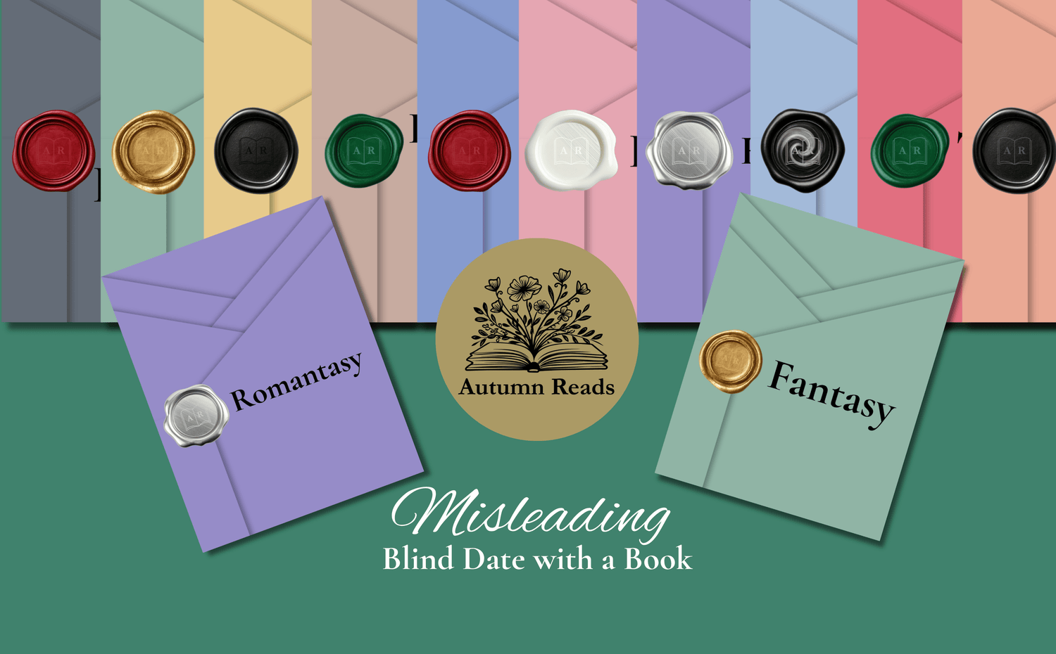 Colorful envelopes labeled 'Romantasy' and 'Fantasy' with a central circular emblem for Autumn Reads LLC on a green background.