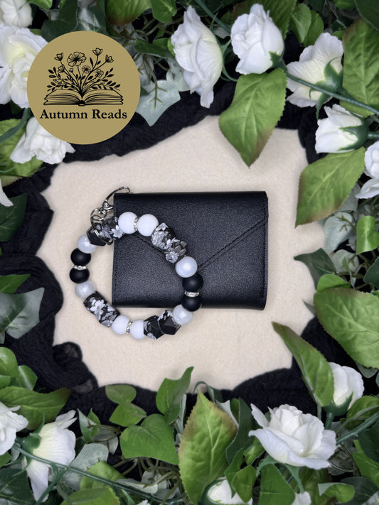 Midnight Flowers handmade beaded keychain paired with a black faux leather wallet by Autumn Reads LLC