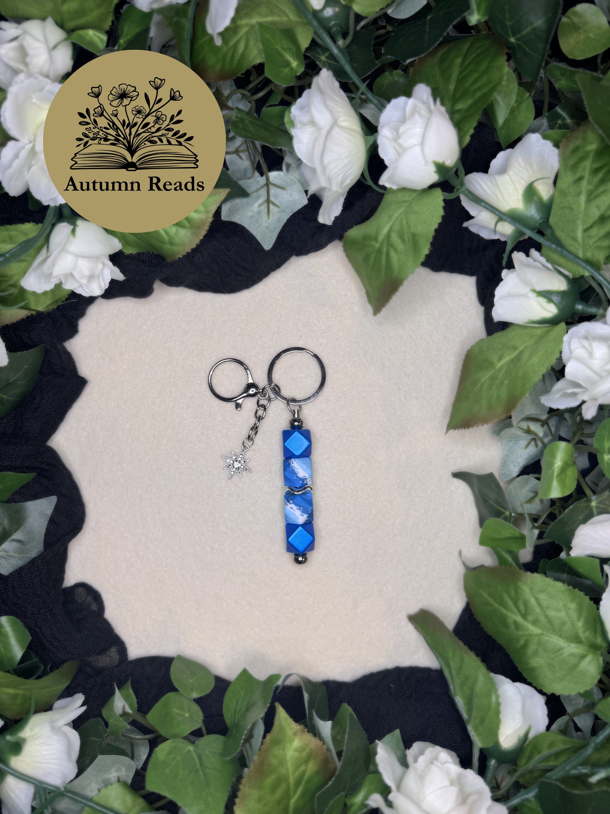 Polaris handmade beaded bar keychain with blue silicone beads and silver star charm by Autumn Reads LLC